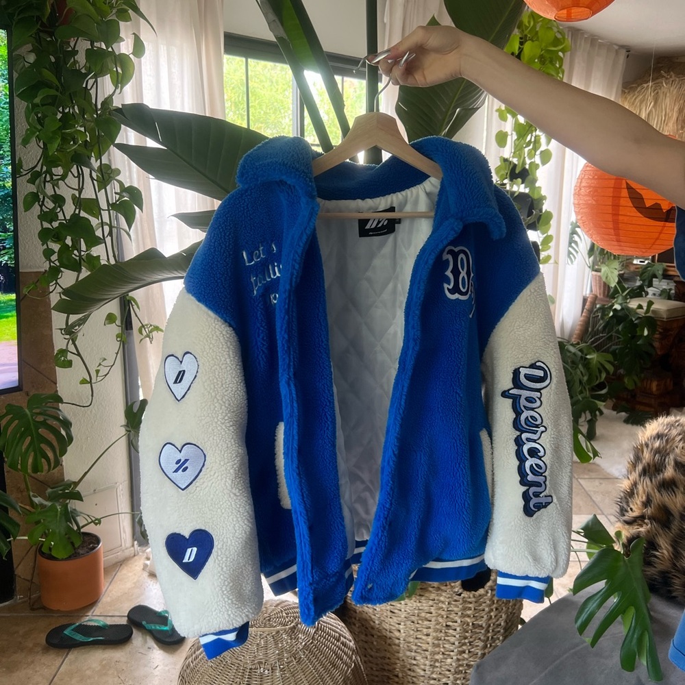 Blue and White Varsity Jacket with Heart Patches
